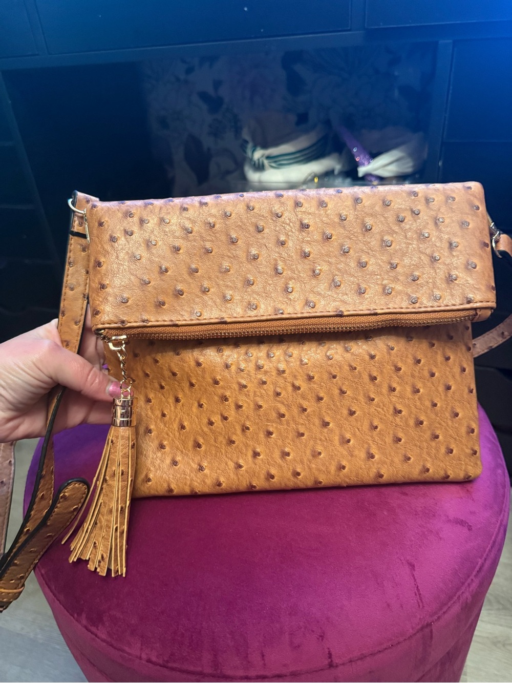 Tres Jolie Tan Ostrich-Texture Crossbody Bag with Tassel